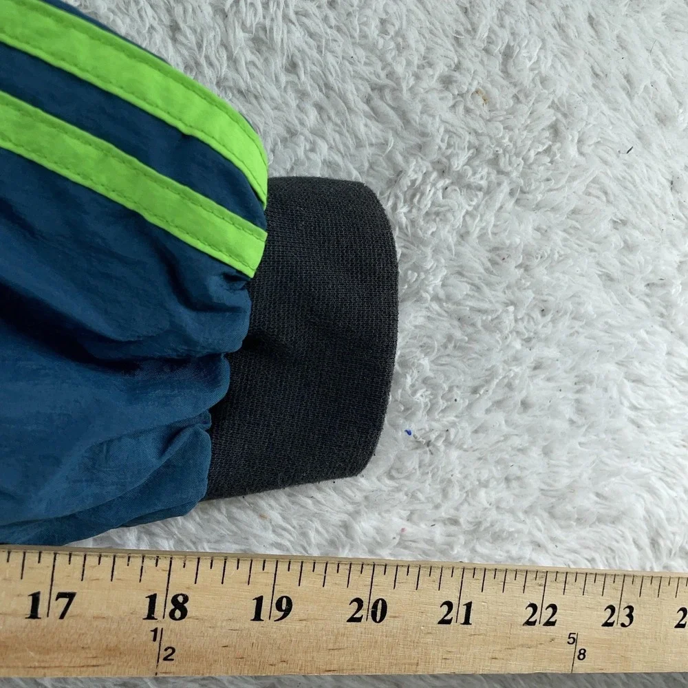 Vtg Adidas Hooded Windbreaker Jacket Mens L CROP FIT Blue Green Zip Three Stripe